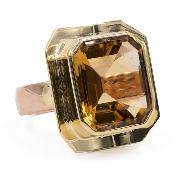 Anello vintage da cocktail  in oro giallo e rosa 14k con quarzo citrino di 7ct.