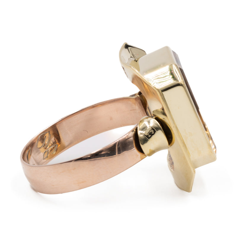 Anello vintage da cocktail  in oro giallo e rosa 14k con quarzo citrino di 7ct.