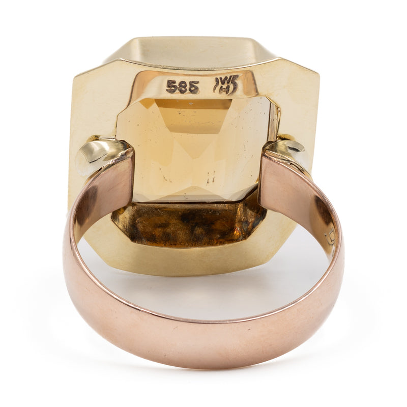 Anello vintage da cocktail  in oro giallo e rosa 14k con quarzo citrino di 7ct.