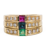 Vintage drei Ringe aus 14-karätigem Gelbgold mit Saphir, Rubin, Smaragd und Diamant (0.30 ctw), 70er Jahre