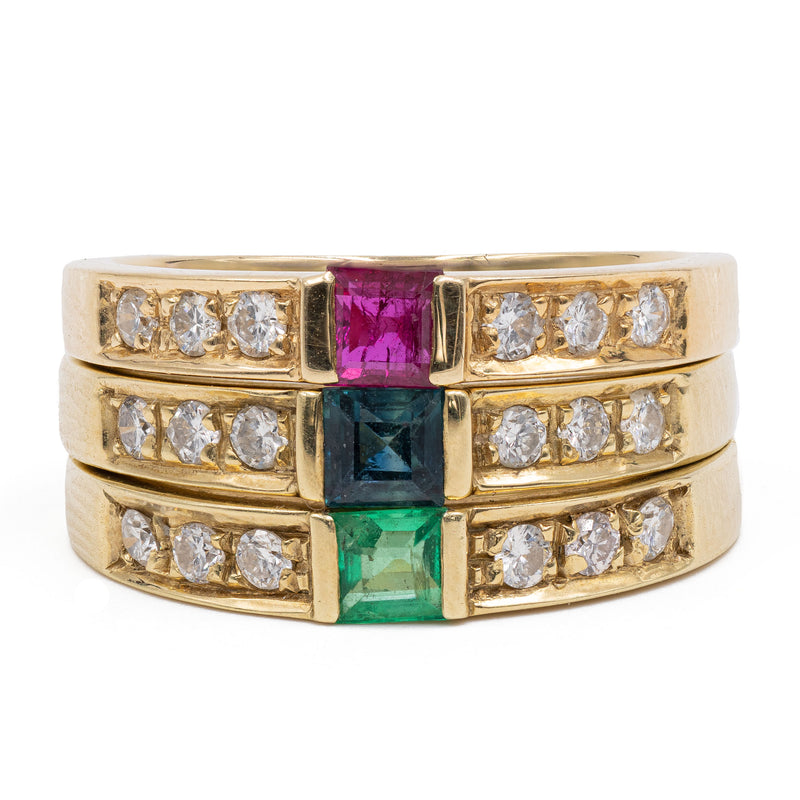 Tre anelli vintage in oro giallo 14k con zaffiro, rubino, smeraldo e diamanti (0.30ctw), anni '70