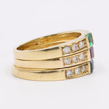 Vintage drei Ringe aus 14-karätigem Gelbgold mit Saphir, Rubin, Smaragd und Diamant (0.30 ctw), 70er Jahre