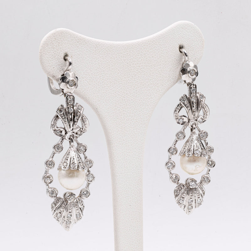 Orecchini vintage in oro bianco 18k con perla e diamanti (1.25ctw), anni '60