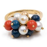 Vintage ring in 18k yellow gold with lapis spheres, coral, pearls. 70's