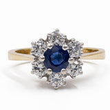 Vintage-Gänseblümchen-Ring aus 14-karätigem zweifarbigem Gold mit Saphir (0.50 ct) und Diamanten (0.65 ctw), 70er Jahre
