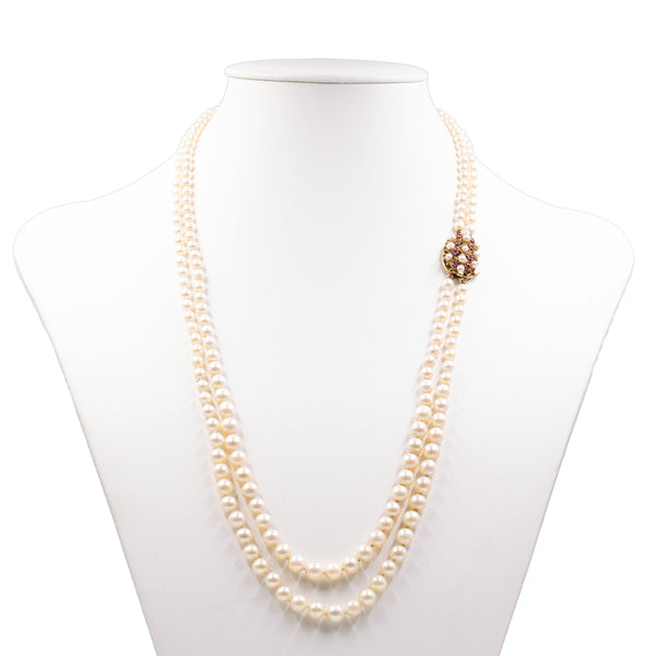 Collana di perle a due fili con susta in oro giallo 14k con rubini, anni '60