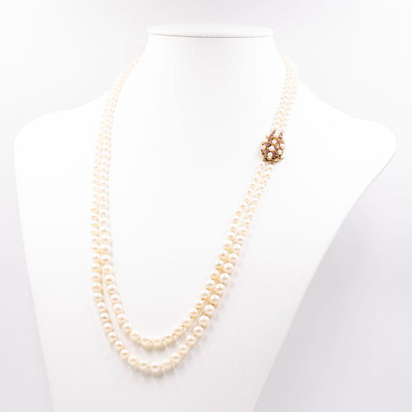Collana di perle a due fili con susta in oro giallo 14k con rubini, anni '60