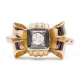 Anello vintage a fiocco in oro giallo 18K con diamante taglio rosa, anni '50