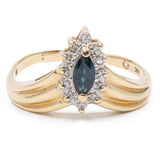 Vintage „V“-Ring aus 14 Karat Gelbgold mit Marquise-Saphir und Diamanten, 70er Jahre