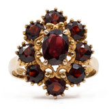 Anello vintage a margherita in oro giallo 8k e granati, anni '70
