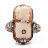 Antique ring in 14k gold and silver with cameo on shell, 20s