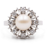 Vintage-Gänseblümchen-Ring aus 0,50-karätigem Weißgold mit Perlen und Diamanten (14 ctw), 60er Jahre