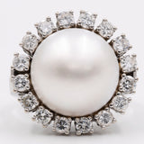 Anello vintage in oro bianco 14k con perla mabè e diamanti (1ctw), anni '60