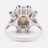 Vintage 14k white gold flower ring with pearl, diamonds (0,24ct) and sapphires, 60s