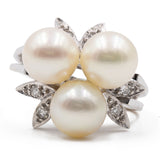 Bague vintage en or blanc 14 carats avec trois perles et diamants, 60