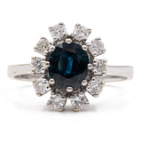 Vintage 14k white gold daisy ring with sapphire (0,90ct) and diamonds (0,50ctw)