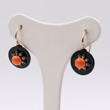 14K yellow gold earrings with onyx, coral and beads
