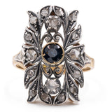 Vintage antique style ring in 18K yellow gold and silver with sapphires and rose-cut diamonds