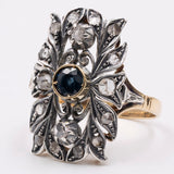 Винтажное кольцо в античном стиле из желтого золота 18 карат и серебра с сапфирами и бриллиантами огранки «роза».