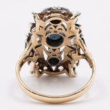 Винтажное кольцо в античном стиле из желтого золота 18 карат и серебра с сапфирами и бриллиантами огранки «роза».