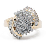 Bague vintage en or jaune 14 carats avec diamants taille brillant et effilés (environ 1.24 ct au total), années 70