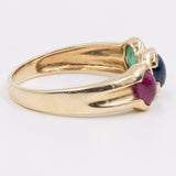 Anello vintage in oro giallo 14k con smeraldo, rubino e zaffiro cabochon. Anni '70