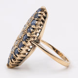Anello vintage a navette in oro 14k con zaffiri e diamanti, anni '50