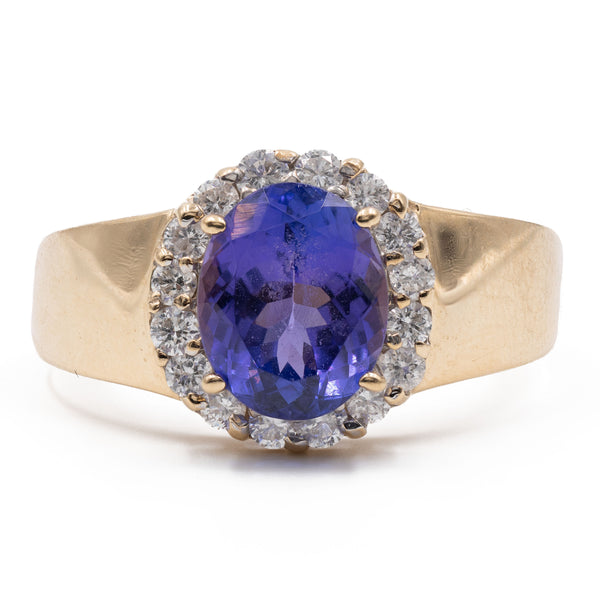 Anello vintage a margherita in oro giallo 14k con tanzanite (2.70ct) e diamanti (0.40ctw)