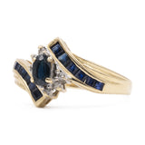 Anello vintage in oro giallo 14k con zaffiri e diamanti, anni '70