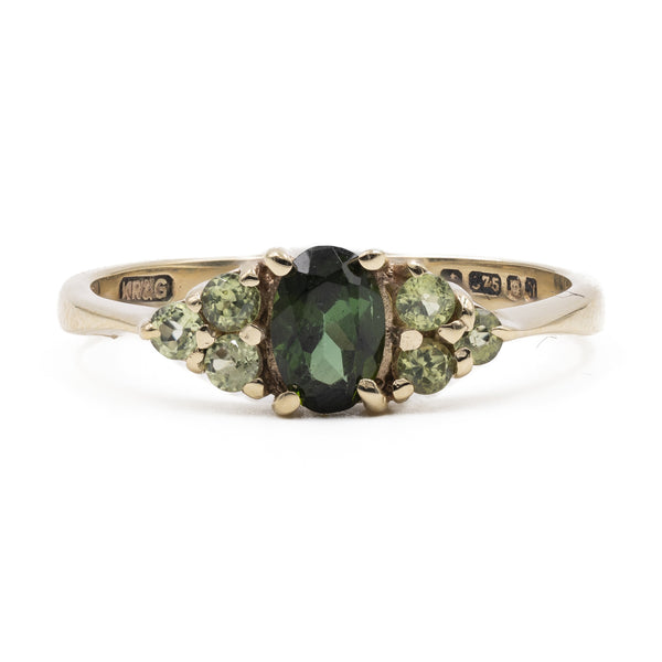 Anello vintage in oro 9k con tormalina verde e peridoti