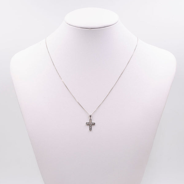 Collana vintage con pendente a croce in oro bianco 9k con diamanti