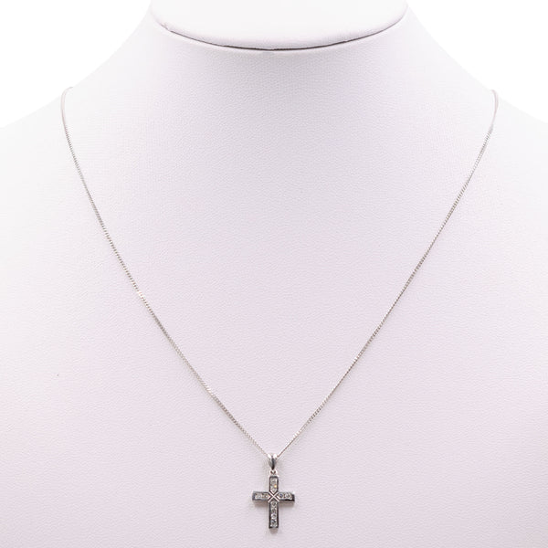 Collana vintage con pendente a croce in oro bianco 9k con diamanti