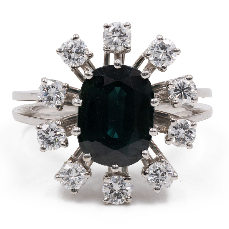 Anello vintage a margherita in oro bianco 14k con zaffiro (2,80ct) e diamanti (0,80ctw), anni '70