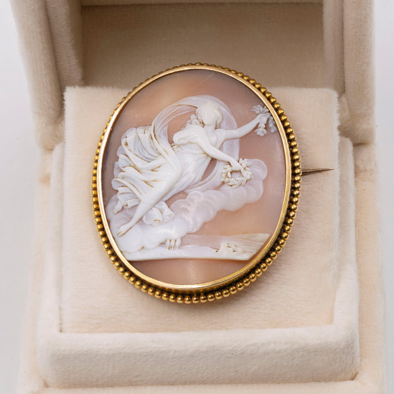 Spilla in oro giallo 14k con cammeo su conchiglia raffigurante Flora