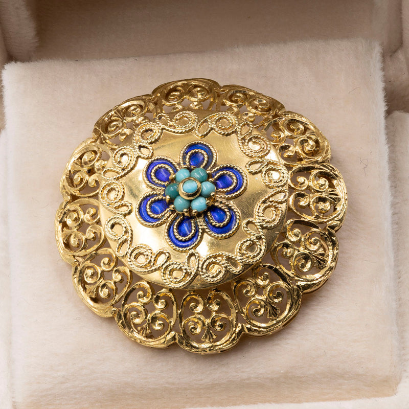 Spilla in oro giallo 18k con smalti e turchesi, anni '50