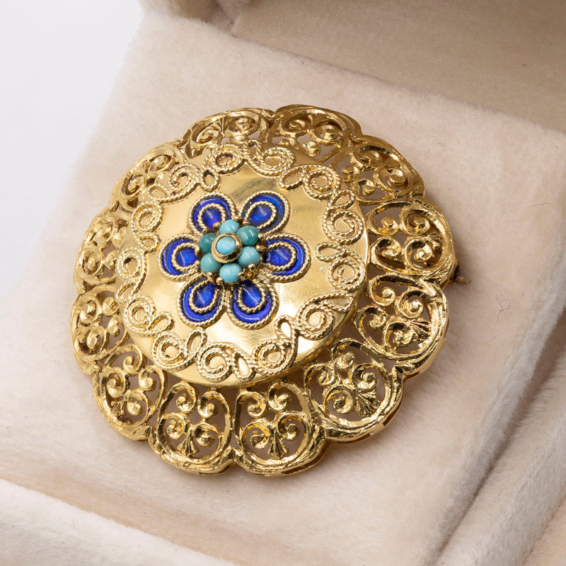 Spilla in oro giallo 18k con smalti e turchesi, anni '50