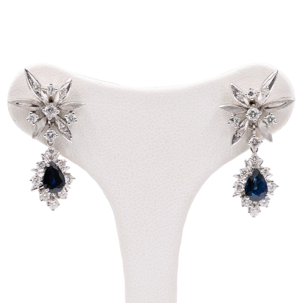 Orecchini vintage in oro bianco 14k con zaffiri (1,40ctw) e diamanti (0,80ctw), anni '70