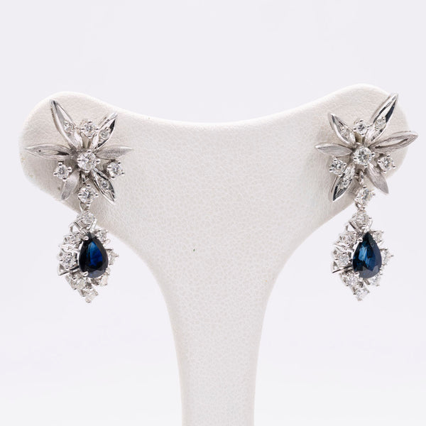 Orecchini vintage in oro bianco 14k con zaffiri (1,40ctw) e diamanti (0,80ctw), anni '70