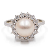 Anello vintage in oro bianco 18k con perla e diamanti (0,74ctw), anni '60