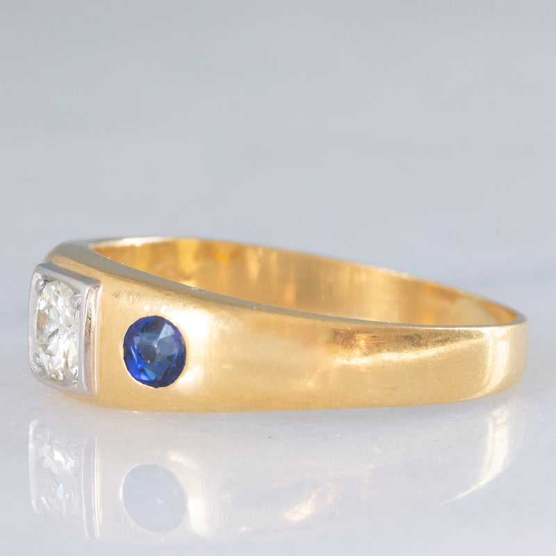 Trilogy gypsy vintage in oro giallo 18K con diamante (0.35ct ca.) e zaffiri (0.36ctw ca.), anni ‘50/‘60