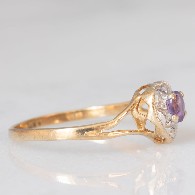 Anello vintage in oro giallo e bianco 9K con ametista di taglio a cuore (0.22ct ca.) e diamante, anni ‘90
