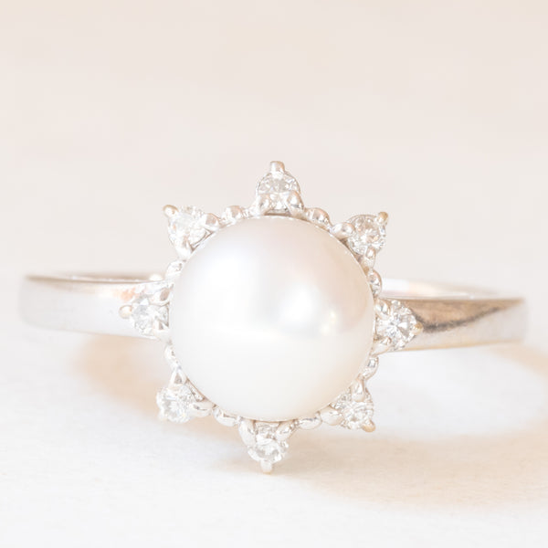 Anello a margherita vintage in oro bianco 14K con perla bianca coltivata e diamanti (0.08ctw ca.), anni ‘60