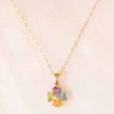Vintage-Halskette mit Kette aus 9-karätigem Gelbgold und Blumenanhänger aus 9-karätigem Gelbgold mit farbigen Steinen im Herzschliff und Diamanten