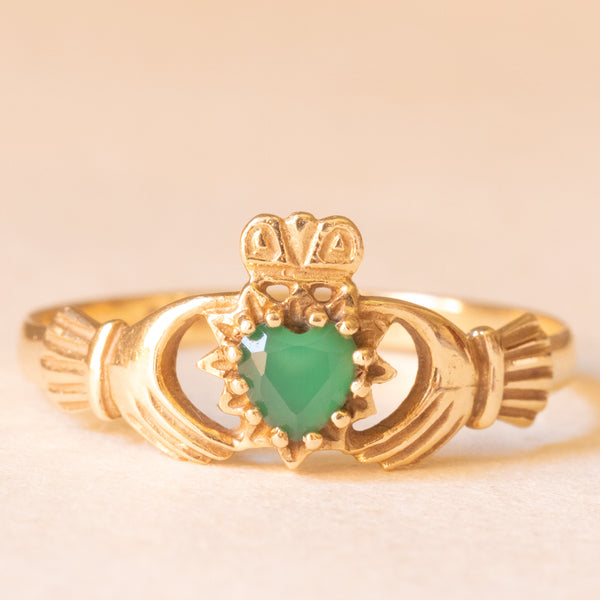 Anello Claddagh vintage in oro giallo 9K con crisoprasio, anno 1992