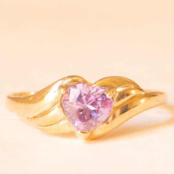 Anello vintage in oro giallo 9K con cubic zirconia viola di taglio a cuore, anni ‘80