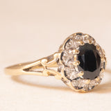 Anello a margherita vintage in oro giallo e bianco 9K con zaffiro (1ct ca.) e diamanti (0.10ctw ca.), anno 1991