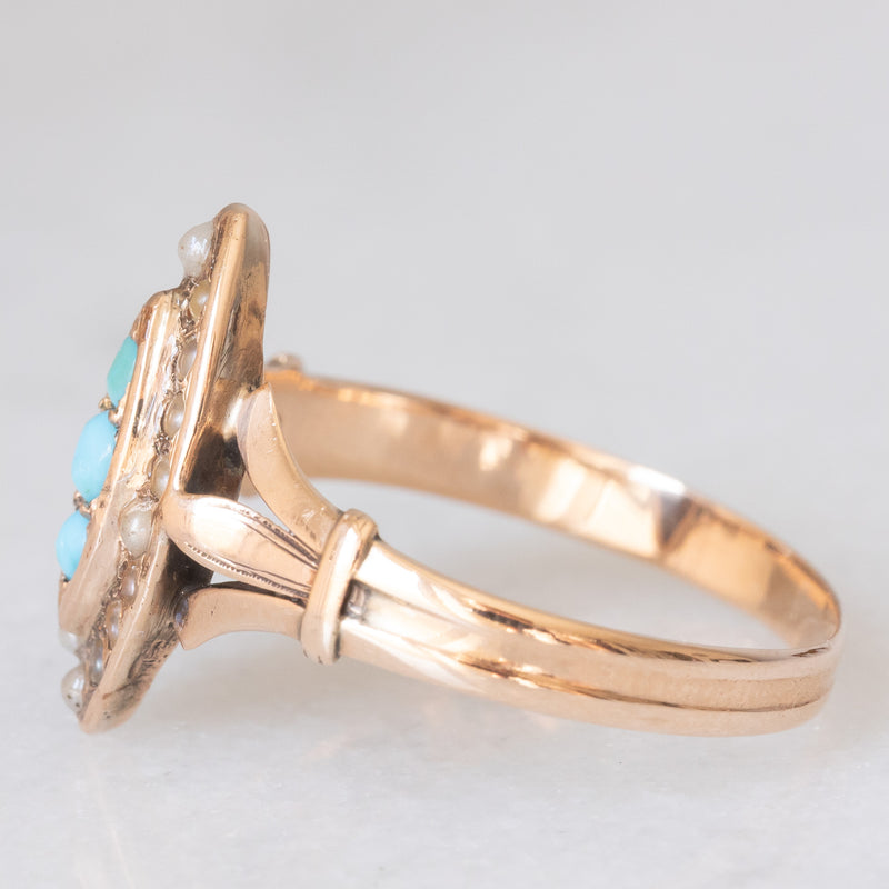 Anello a navette antico in oro giallo 14K con turchesi e perline, primi del ‘900