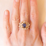 Vintage 18K yellow gold ring with sapphire (1.20ct approx.) and marquise and baguette cut diamonds (2.70ctw approx.), 70s