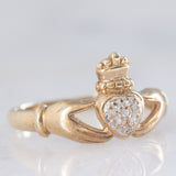 Anello Claddagh vintage in oro giallo 9K con diamanti