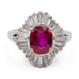 Anello vintage a ballerina in oro bianco 18k con rubino (1,37ct) e diamanti (1,30ctw), anni '70